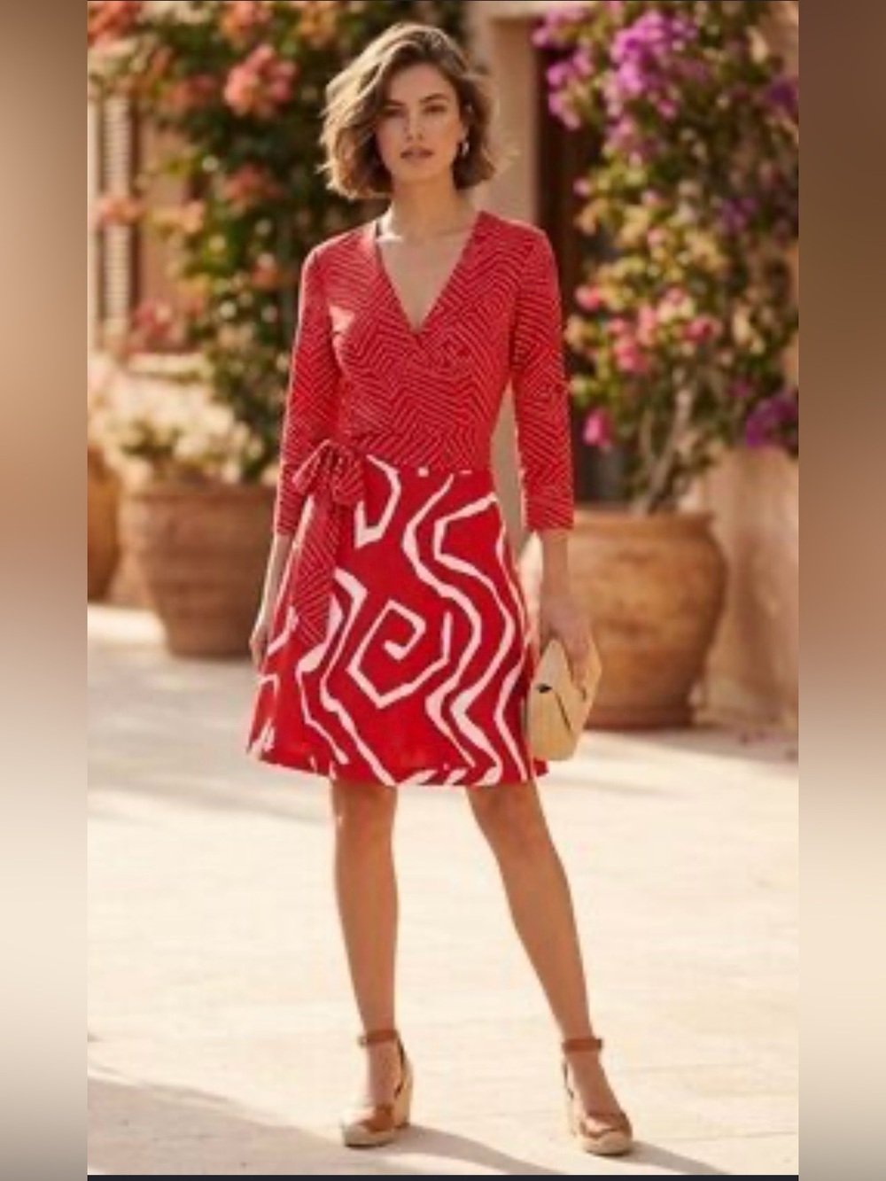 Diane Von Furstenberg Red and White Silk Blend Wrap Dress